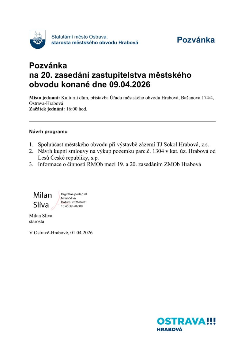 20. ZASEDÁNÍ ZASTUPITELSTVA PROBĚHNE MIMOŘÁDNĚ 9. DUBNA 2026