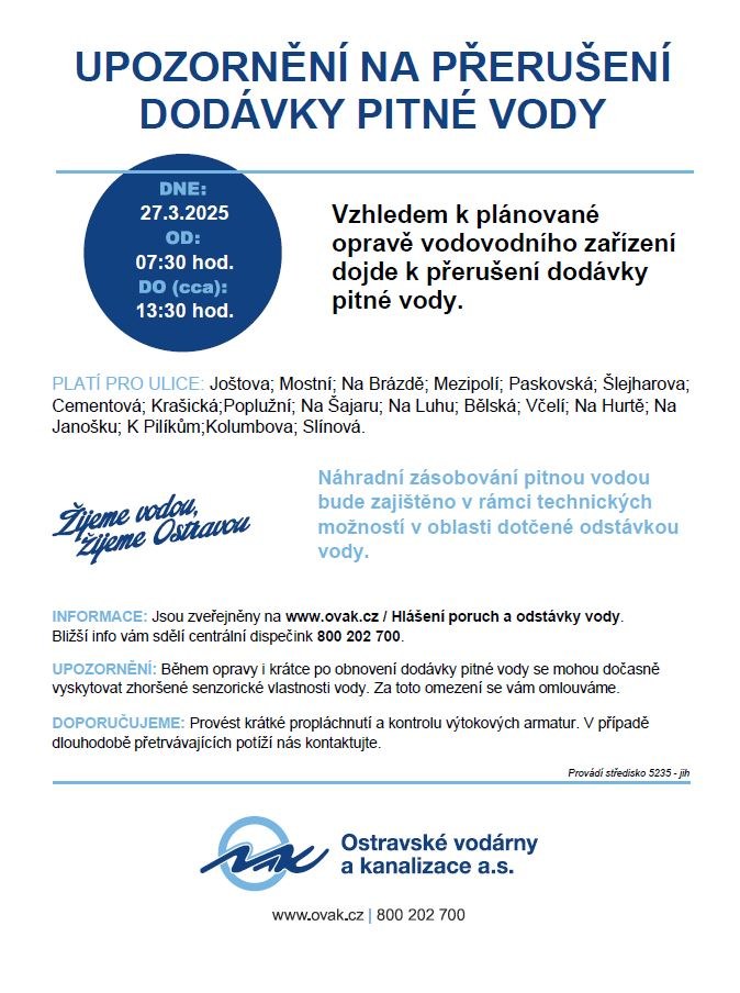INFORMACE O ODSTÁVCE PITNÉ VODY – 27. BŘEZNA 2025