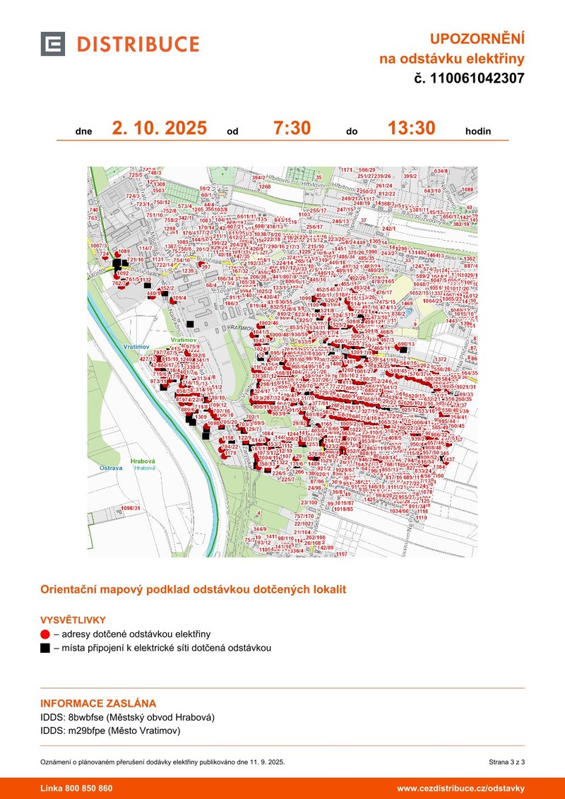 PLÁNOVANÁ ODSTÁVKA ELEKTŘINY – 2. ŘÍJNA 2025