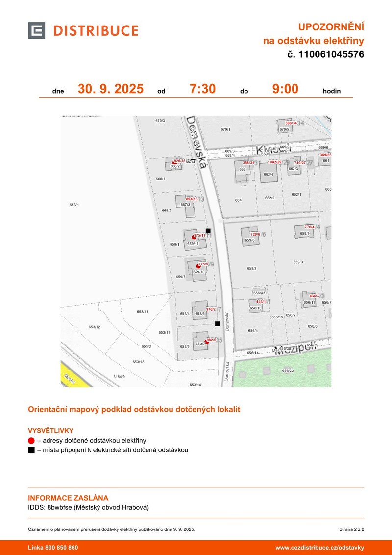 PLÁNOVANÁ ODSTÁVKA ELEKTŘINY – 30. ZÁŘÍ 2025