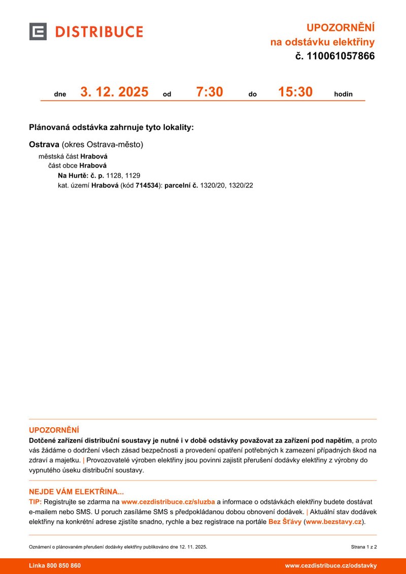 PLÁNOVANÁ ODSTÁVKA ELEKTŘINY 3. 12. 2025 