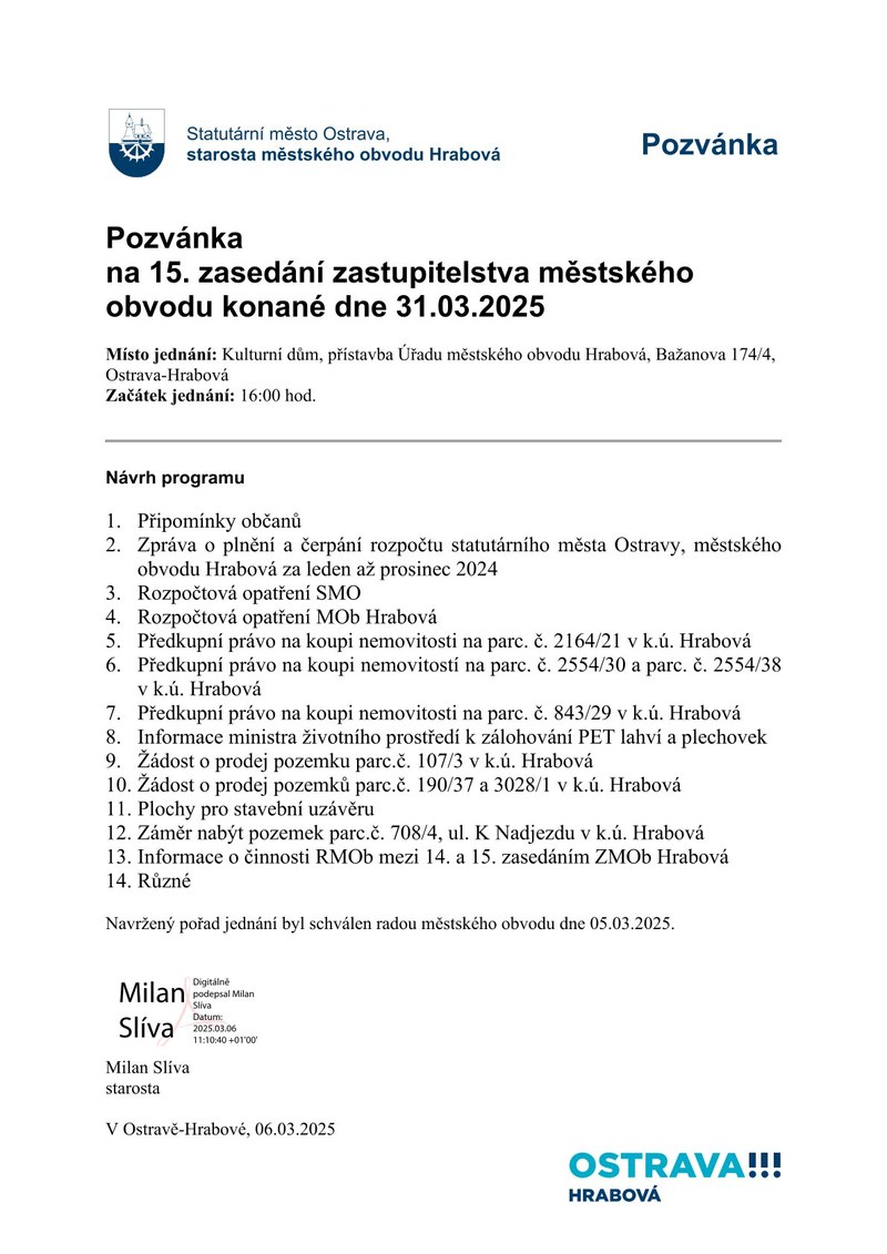 POZVÁNKA NA JEDNÁNÍ ZASTUPITELSTVA 31. BŘEZNA 2025