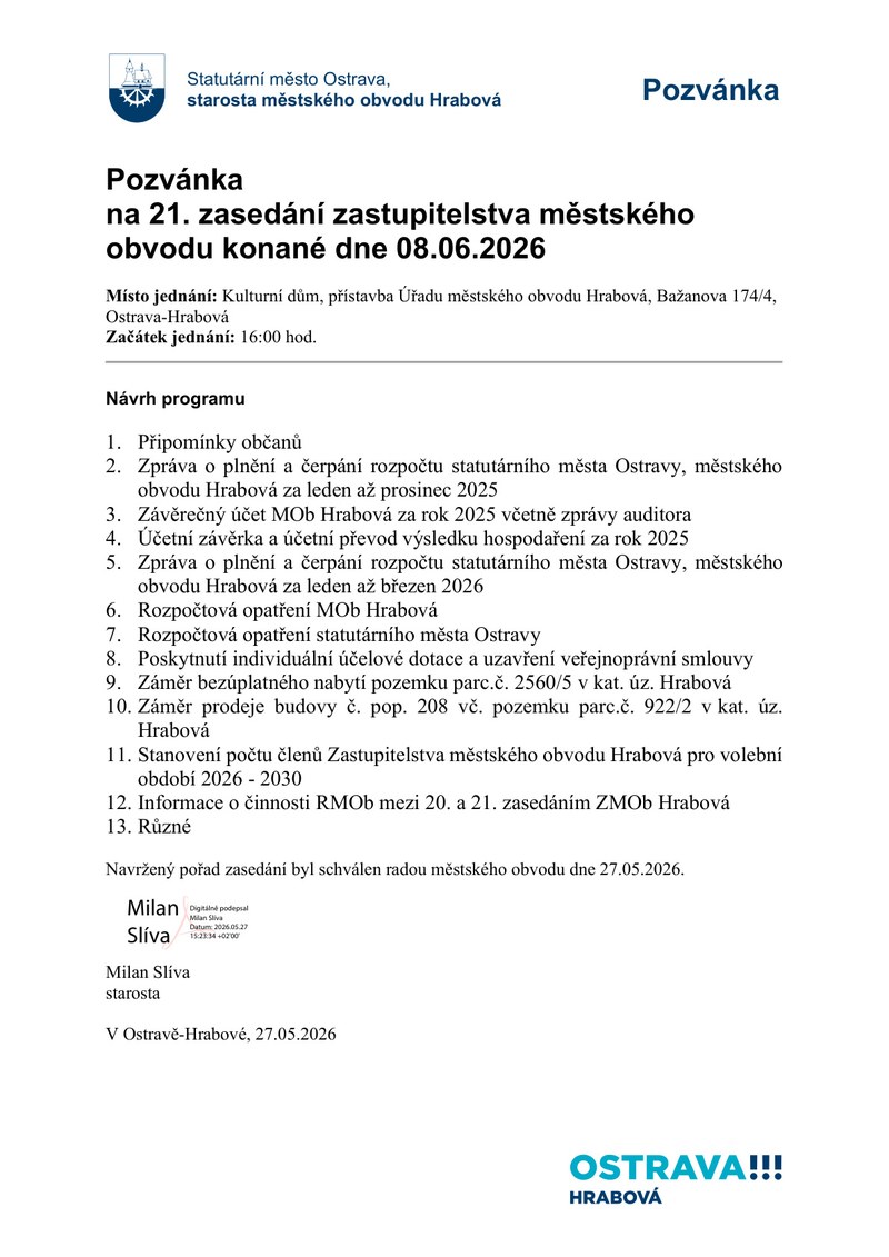 POZVÁNKA NA ZASEDÁNÍ ZASTUPITELSTVA 