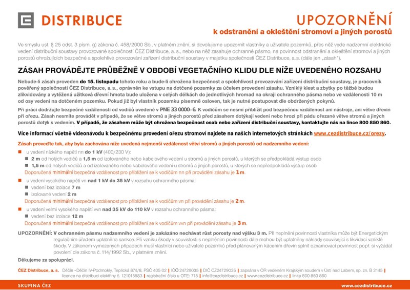 UPOZORNĚNÍ NA NUTNOST ODSTRANĚNÍ A OŘEZU STROMOVÍ V OCHRANNÉM PÁSMU ELEKTRICKÉHO VEDENÍ