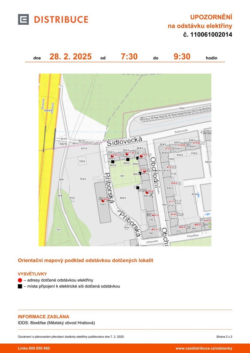 UPOZORNĚNÍ NA ODSTÁVKU ELEKTŘINY 28. 2. 2025