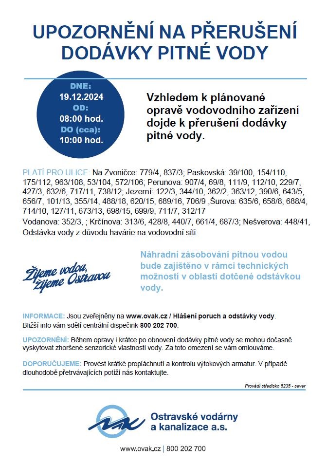 UPOZORNĚNÍ NA PŘERUŠENÍ DODÁVKY PITNÉ VODY – 19. 12. 2024