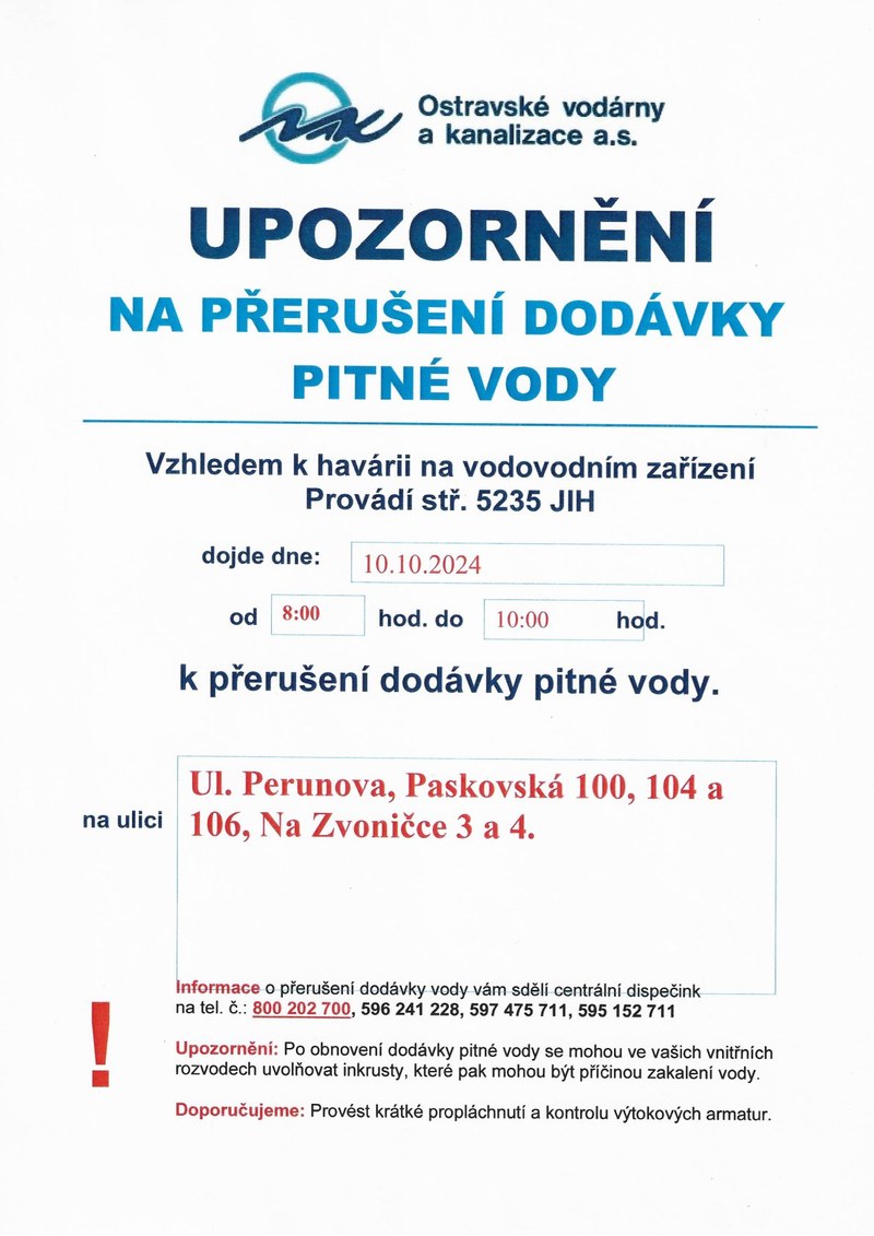 UPOZORNĚNÍ NA PŘERUŠENÍ DODÁVKY VODY - ULICE PERUNOVA, PASKOVSKÁ, NA ZVONIČCE