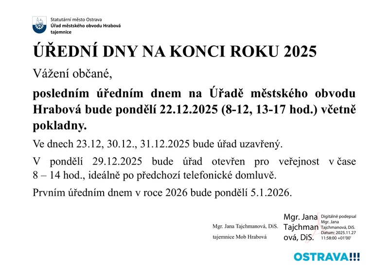 ÚŘEDNÍ DNY NA KONCI ROKU 2025
