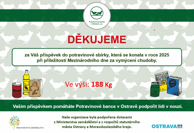 VE SBÍRCE JSME POTRAVINOVÉ BANCE DAROVALI 188 KG 