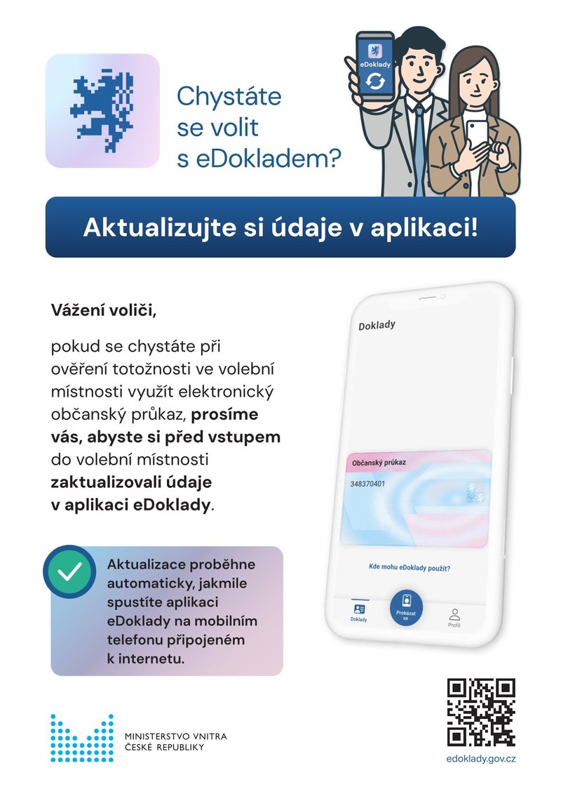 VOLBY 2025: NEZAPOMEŇTE AKTUALIZOVAT EDOKLADY PŘED VSTUPEM DO VOLEBNÍ MÍSTNOSTI